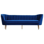 Meridian Furniture - Margo Velvet Upholstered Set, Navy, Sofa - Lean back and lounge in luxurious style on this stunning Margo navy velvet sofa by Meridian Furniture. This contemporary sofa features plush velvet upholstery that is both classy and sumptuous against your skin, a single seat cushion and rounded arms that curve into a low, rounded back, creating a perfect, modern piece for your home. Gold stainless steel legs support this sofa and provide stunning contrast to the sofa's plush, navy fabric.