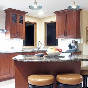 Red Cherry Transitional Kitchen with Cherry Island