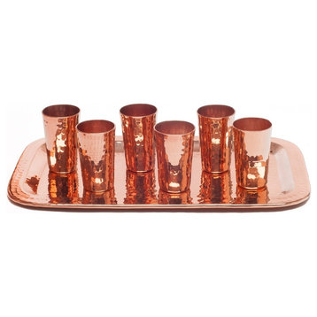 Sertodo Tequilero Set, Hammered Copper, 6 Cups With Charolita Platter