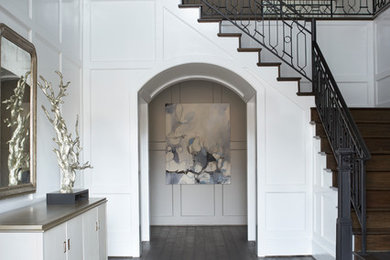 Large traditional front door in Other with white walls and dark hardwood floors.