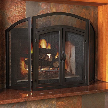UniFlame 32"H 3 Fold Wrought Iron Arch Top Screen in Black with Doors