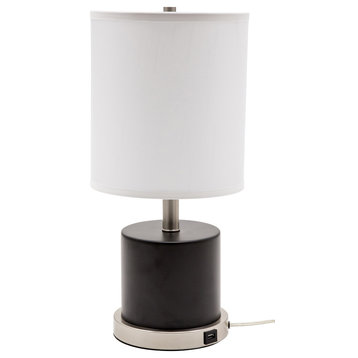 Rupert table lamp with satin nickel accents and USB port
