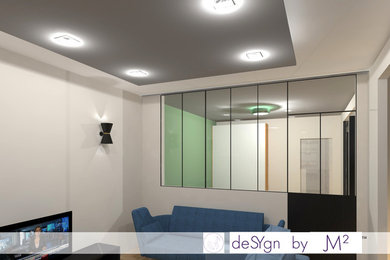 Immagine di un soggiorno minimal di medie dimensioni e aperto con pareti bianche, parquet chiaro e TV autoportante