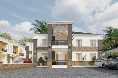 Large trendy multicolored one-story wood and shingle exterior home photo in Other with a shingle roof and a gray roof