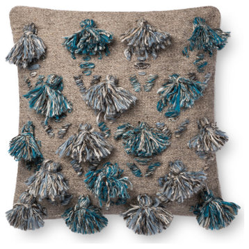 Blue Gray Tassels, Cotton Base Throw Pillow 22"x22", Poly Fill