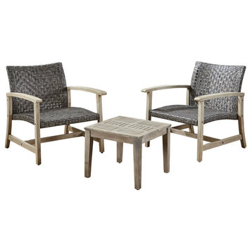 Alyssa Outdoor 3-Piece Wood and Wicker Club Chairs and Side Table Set, Mixed Black/Light Gray Washed Finish
