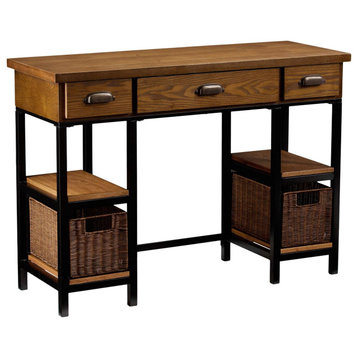 Classic Desk, Multiple Drawers & Rattan Baskets for Extra Storage, Natural Brown
