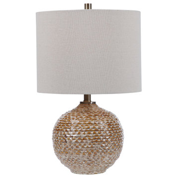 Wavy Rope Textured Ceramic Taupe Rust Brown Table Lamp Fat Sphere Earth Tones