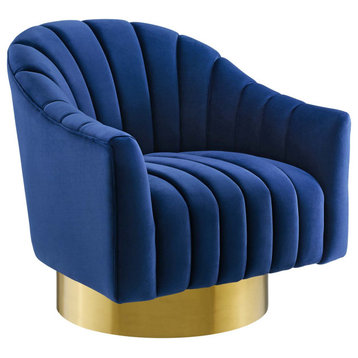 Buoyant Vertical Channel Tufted Accent Lounge Velvet Swivel Chair, Navy