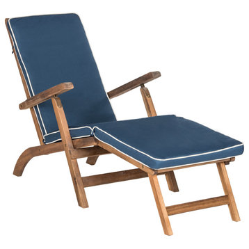 Safavieh Palmdale Outdoor Lounge Chair, Teak Brown, Navy