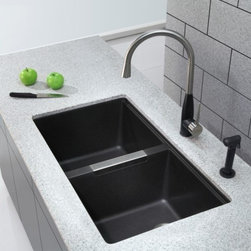 Kraus 33 inch Undermount 50/50 Double Bowl Black Onyx Granite Kitchen Sink - Kitchen Sinks