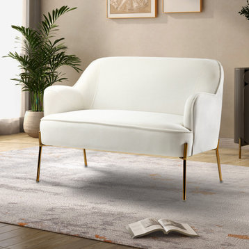 Velvet Loveseat Sofa With Recessed Arms, Ivory