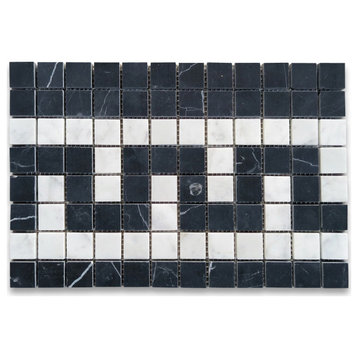 Carrara White Marble Greek Key Mosaic Border Listello Tile Black Honed, 1 sheet