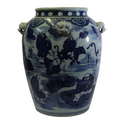 Chinese Blue White People Foo Dog Graphic Pottery Pot Vase - Decorative Jars And Urns