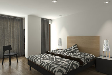 Example of a mid-sized trendy master medium tone wood floor bedroom design in Other with white walls and no fireplace