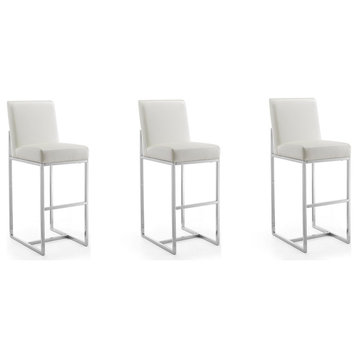 Element 29" Faux Leather Bar Stool, Pearl White and Polished Chrome, Set of 3