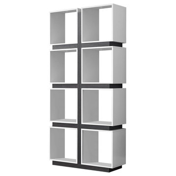 Elegant Bookcase, Wooden Frame With 8 Cubby Shaped Shelves, White/Grey