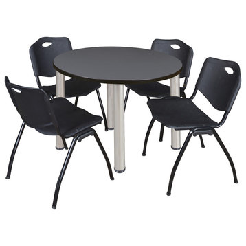 Kee 36" Round Breakroom Table- Grey/ Chrome & 4 'M' Stack Chairs- Black
