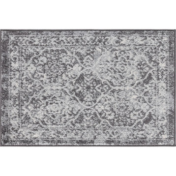Tiera Transitional Damask Gray & Cream Scatter Mat Rug, 2'x3'
