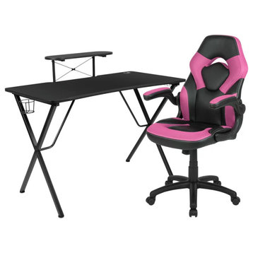 Modern Gaming Desk With Comfortable Chair, Raised Shelf & Cup Holder, Pink