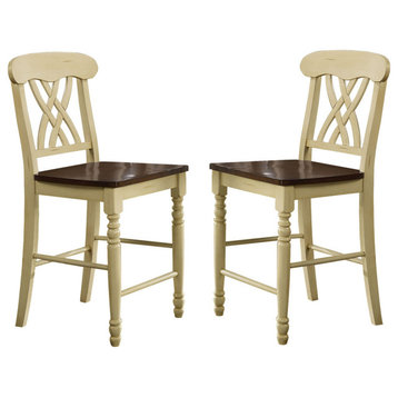 Set of 2 Wood Counter Height Chair, Buttermilk/Oak Finish