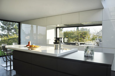 Idées déco pour une grande cuisine américaine parallèle contemporaine avec un évier 1 bac et îlot.