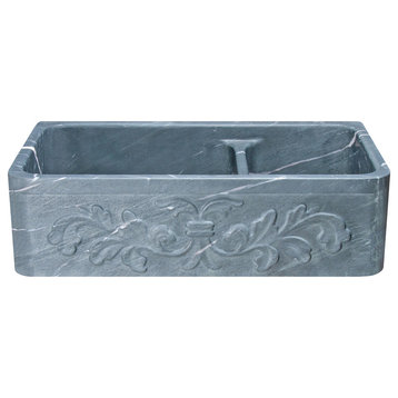 36" Farmhouse Double Sink, Floral Carving Front, Charcoal Marquina Soapstone