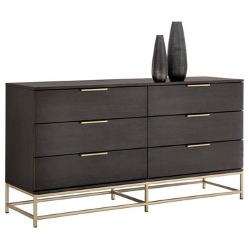 Maklaine 66" Contemporary Wood and Iron Dresser in Charcoal Gray and Gold
