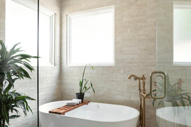 Example of a huge transitional medium tone wood floor, brown floor and vaulted ceiling bathroom design with white walls