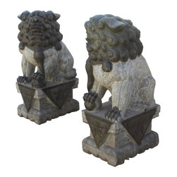 Pair Chinese Gray Black Stone Handcraved Foo Dog Feng Shui Statue - Garden Statues And Yard Art