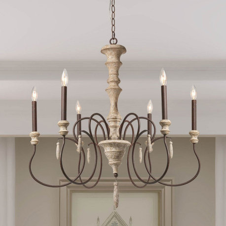 LALUZ 31-in 6-Light French Country Wood Candle-Style Chandeliers