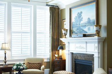 Living room - large traditional open concept and formal dark wood floor living room idea in Other with brown walls, a standard fireplace, a wood fireplace surround and no tv