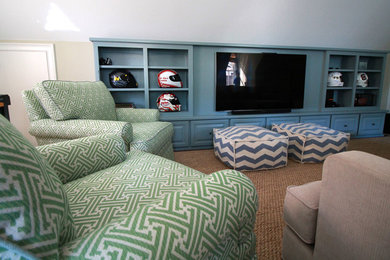 Mid-sized beach style formal and enclosed dark wood floor and brown floor living room photo in Charleston with beige walls, no fireplace and a media wall