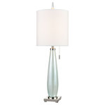 Elk Home - Confection Table Lamp, Seafoam Green and Polished Nickel With A White Shade - Add a delicate pop of seafoam color to a modern or coastal-inspired interior with the Confection table lamp. Made from glass, this elegant lamp sits on a clear acrylic footing and features polished nickel appointments. Its light and airy style is topped with a round hardback shade in white fabric, keeping the look fresh and chic.