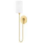 Hudson Valley Lighting - Harlem 1-Light Wall Sconce, Aged Brass Frame, White Shade - Big, bold swooping arms pair with traditional, straight Belgian linen drum shades to take modern design to the next level. Available as a chandelier or wall sconce in three different finishes, this bright, joyous fixture is sure to add style and bring smiles to any space it fills.
