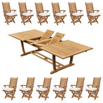 Teak Deals - 13-Piece Outdoor Teak Dining: 117" Masc Rectangle Table 12 Warwick Folding Chair - Set includes: 117" Double Extension Rectangle Dining Table and 12 Folding Arm Chairs.
