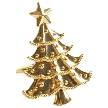 Decorative Christmas Metal Napkin Rings - Set of 4, Gold-Plated Christmas Tree