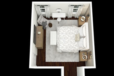 Diseño de dormitorio principal tradicional renovado de tamaño medio con paredes grises, suelo de madera oscura y suelo marrón