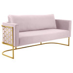 Meridian Furniture - Casa Velvet Upholstered Sofa, Pink, Gold Finish - Bring modernity to the forefront with the addition of this Casa velvet chair. Destined to become the most-talked-about addition to your room, this eye-grabbing sofa is an attention-getter from all angles. Its soft pink velvet upholstery is touchably soft and feels great against the skin, and its gold iron metal frame featuring a honeycomb pattern lends the chair an up-to-the-minute feel. Pair it with other items in the Casa collection for a streamlined look.