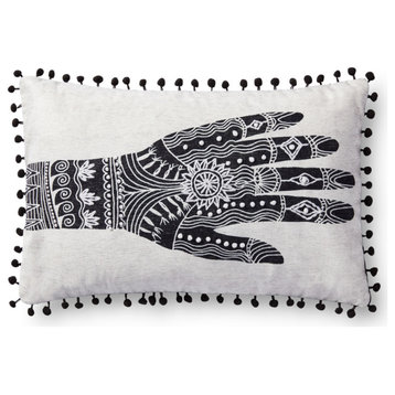 White, Black 13"x21" Hand Blocked and Embroidered Henna Painting Lumbar Pillow