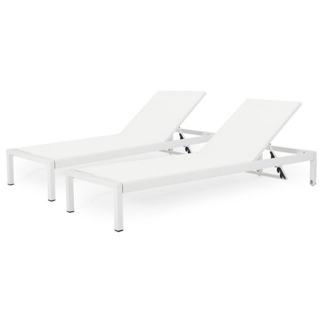 GDF Studio Crested Bay Outdoor Gray Aluminum Chaise Lounge, White, Set of 2