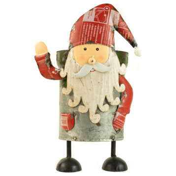 Adorable Recycled Metal Santa Claus Sculpture Planter Holiday Red White Can