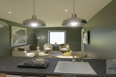 Example of a mid-sized 1960s open concept light wood floor and white floor living room design in Boise with green walls and a wall-mounted tv