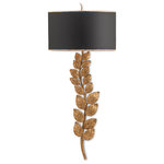 Currey and Company - Birdwood Wall Sconce 2-Light, Textured Gold Leaf/Satin Black - Climbing leaves form the body of this luxurious nature-inspired accent. A hand-applied Textured Gold Leaf finish adds depth and richness to the Birdwood Wall Sconce  perfectly complementing the subtle gold accents of the Satin Black drum shade.