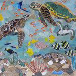 Mozaico - Mosaic Stone Art - Underwater Life - The Underwater ocean life is a stone art mosaic with the magnificent ocean creatures in the bottom of the sea. A handmade mosaic made from marble stones designed for both indoor and outdoor spaces.