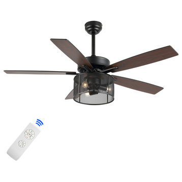 Max 52" 3-Light Farmhouse Industrial Iron/Wood App/Remote LED Ceiling Fan, Black/Dark Walnut