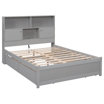 TATEUS Full Size Platform Bed with Storage Headboard, Charging Station, Gray