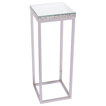 Contemporary End Table, Beveled Design With Thick Mirrored Top, Silver, Large