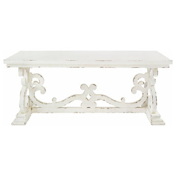 French Country Coffee Table, Double Scrollwork Pedestal Base, Distressed White