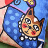 Bella Senorita Cat Pillow Cover Colorful Tiara Blue Handembroidered Wool 18x18